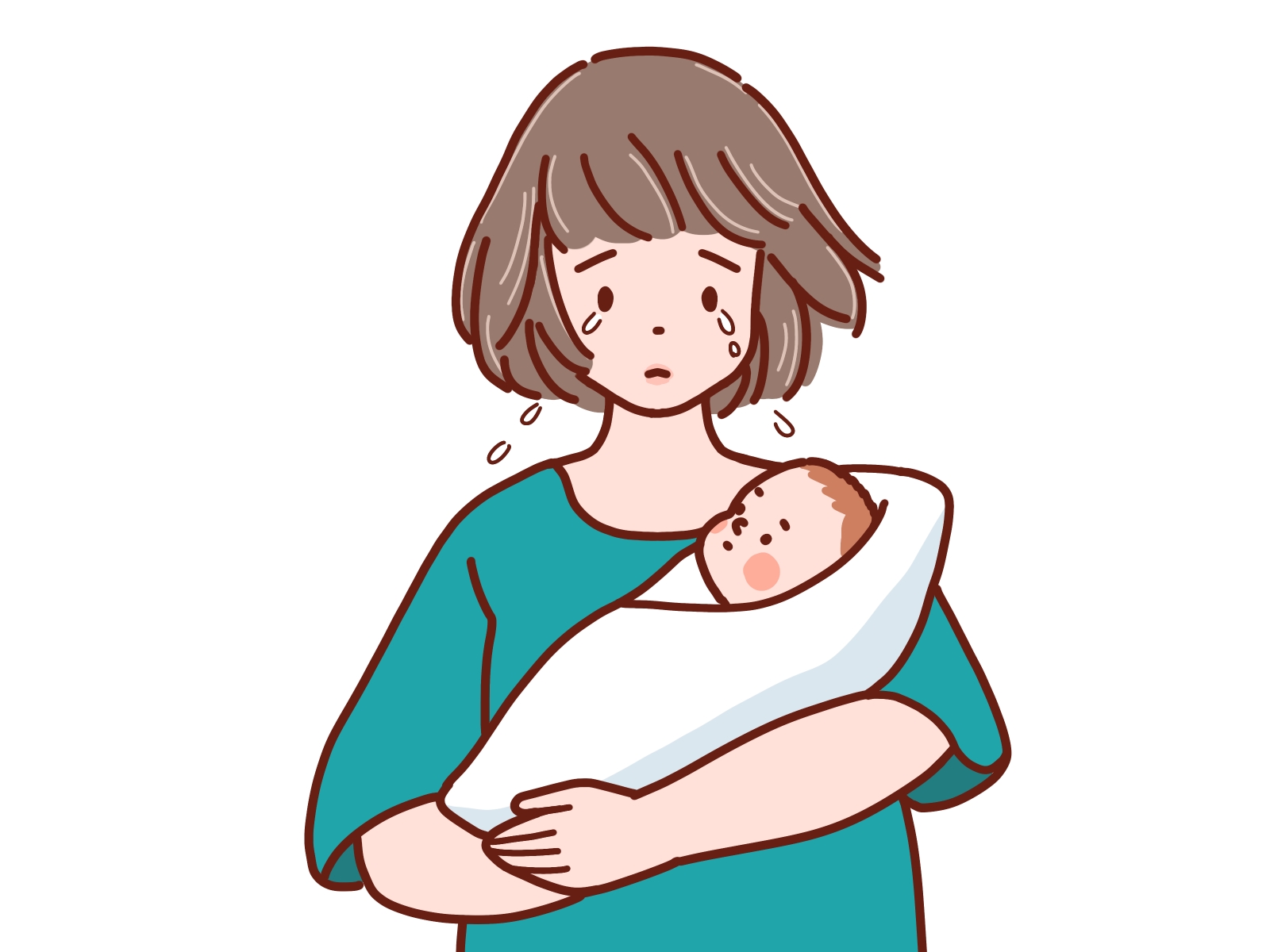 マタニティブルーの女性と赤ちゃんのイラスト